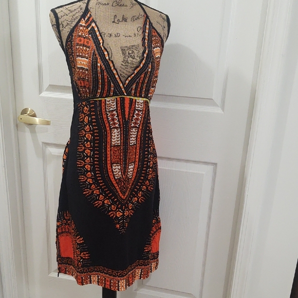 Handmade Dresses & Skirts - Women's Beaded V-neck Halter Print Dress | M